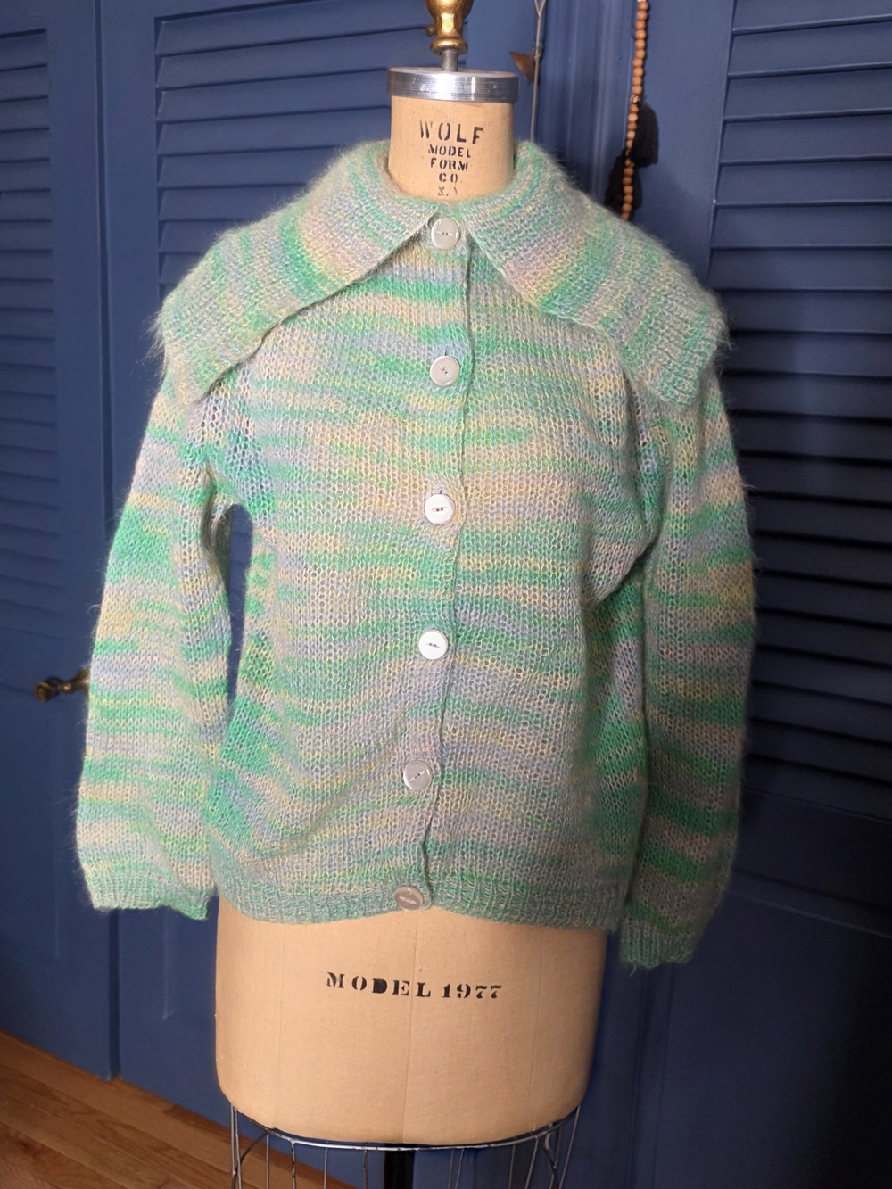 Vintage Hand Knit Pastel Space Dye Mohair Cardigan β Fuzzy Collared Sweater M